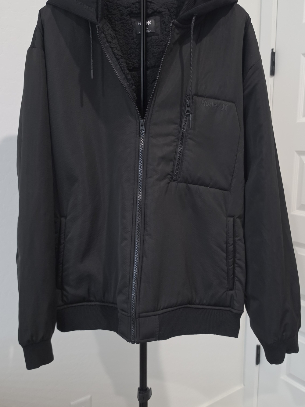 NWT Hurley Men's Skyler Sherpa Lined Hooded Bomber Jacket - Black - Size XXL